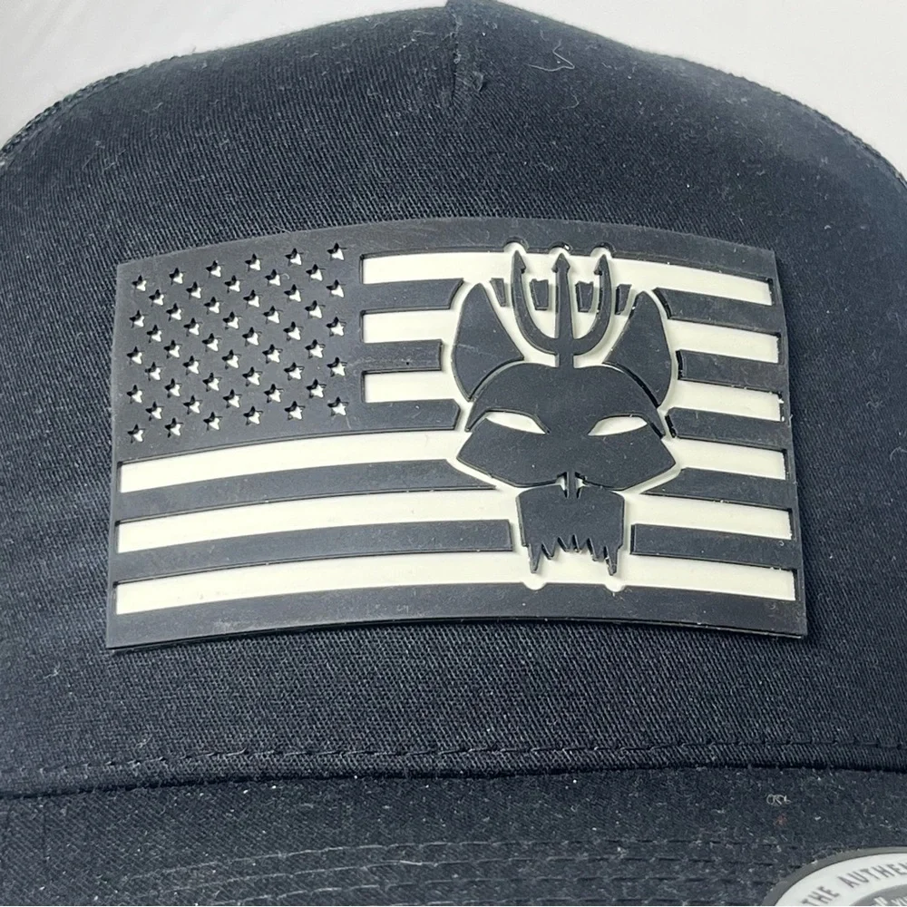 Yupoong Snapback Mesh Trucker Hat Flag Design & Navy Seal‎ Logo Black & White